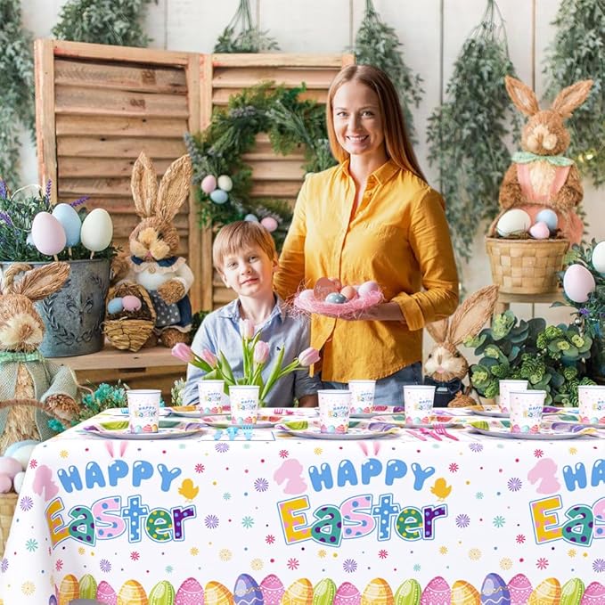 194 Pcs Easter Party Supplies Decorations Happy Easter Party Plates Napkins Decorations Bunny Egg Easter Disposable Tableware Set with Plates Napkins and Tablecloth Serves 24 Guests