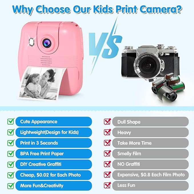 Kids Camera Instant Print - Kids Printing Cameras That Print Photos Toddler Digital Camera for Kid 1080P Toys Video Cameras Christmas Birthday Gifts for 3-12 Year Old Girls Boys Pink