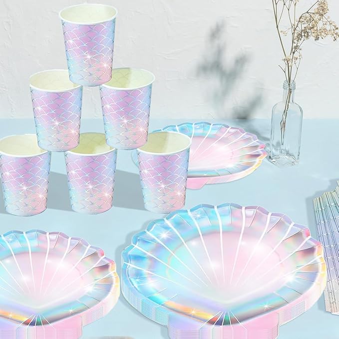 Summer Mermaid Party Supplies for Girls Baby Shower Birthday Party Under the Sea Themed Decor Iridescent Shell Plates Napkins Cups Knives Forks Tablecloths Banners Serves 20 Guests 122PCS