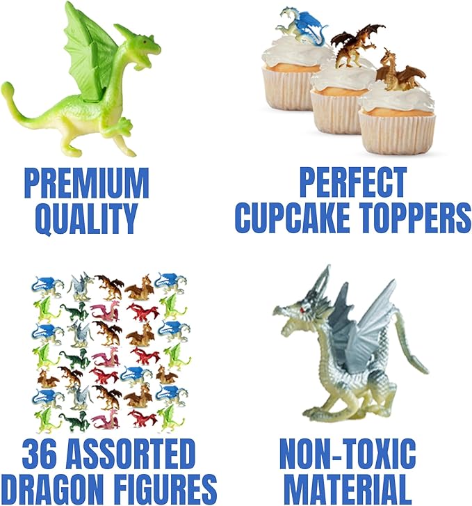Bedwina Mini Dragon Toy Figures - (Bulk Pack 144) 2 Inch Plastic Rubbery Dragon Figurines in Assorted Colors and Styles - Kids Toys for Birthday Party Favors, Decorations, Cupcake Toppers and Piñatas