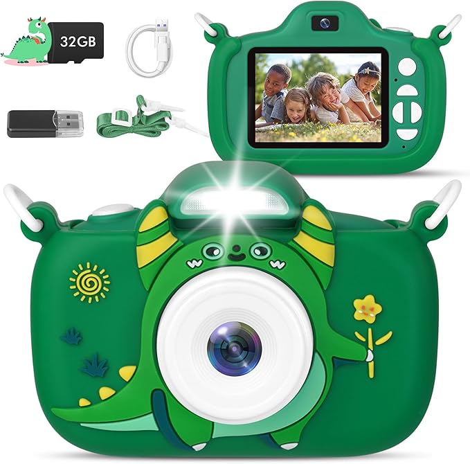 Kids Camera with Flashlight & 2.4in Screen, 1080P Dual Lens Toddler Camera - Christmas Birthday Gift for 3-12 Year Old Girls Boys, Kids Digital Camera with 32GB Card & Shockproof Case