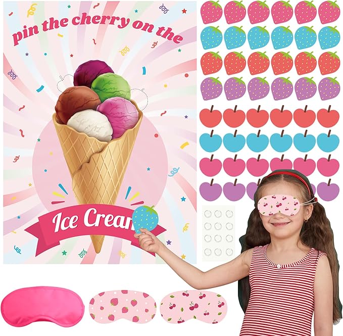 PLULON Ice Cream Party Game for Kids Pin the Cherry Strawberry on the Ice Cream Birthday Game Poster Cherry Strawberry Stickers for Boy Girl Birthday Summer Party Wall Decorations Classroom Activities