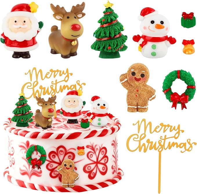 Hooqict 9Pcs Christmas Cake Decorations with Santa Claus, Reindeer, Snowman, Gingerbread, Merry Christmas Cake Topper for Xmas Holiday Birthday Party Cake Decorations Supplies