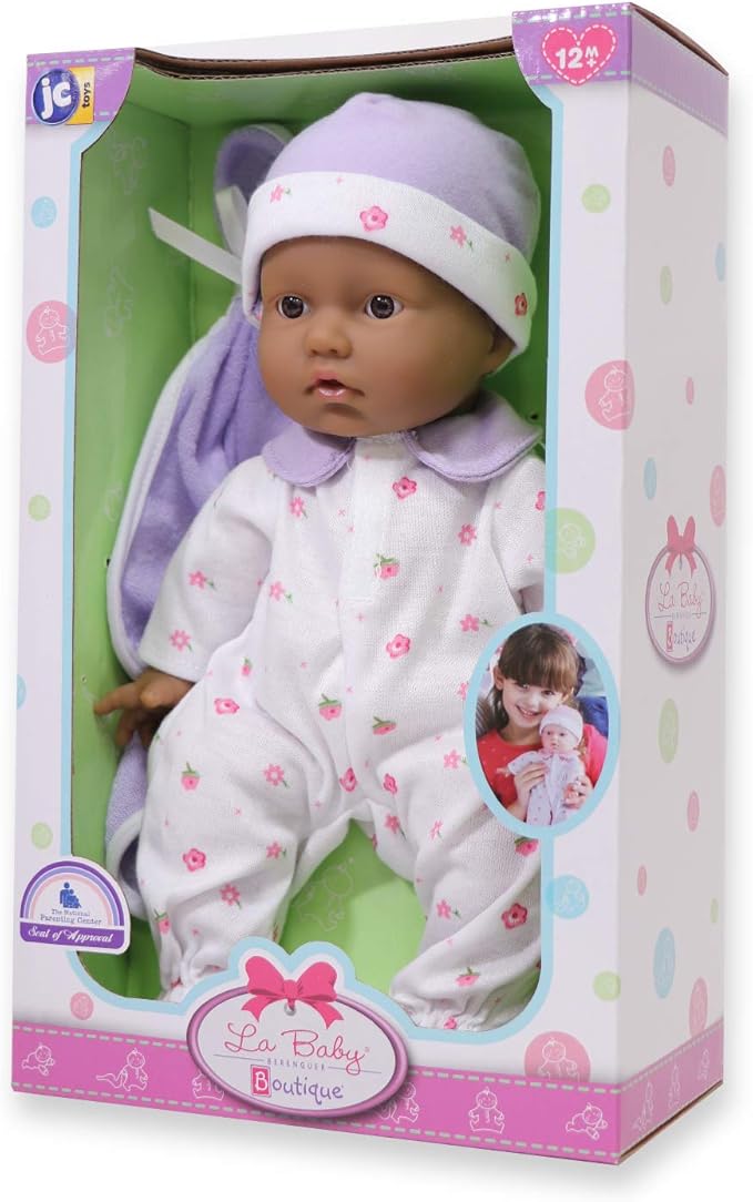 JC Toys La Baby Hispanic Baby Doll Set – 11 Inch Soft Body Doll with Accessories Including a Removable Purple Outfit – Small Baby Doll Toy for Children 12 Months and Older