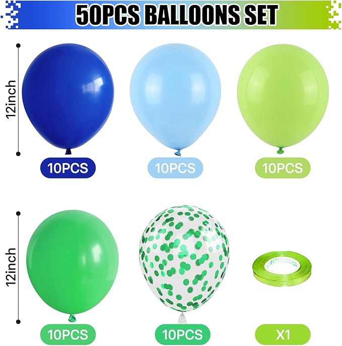 Blue Green Balloons 12 Inch Royal Blue Fruit Light Green Confetti Balloon with Ribbons for Boys Birthday Party Football Video Game Jungle Safari Themed Decoration