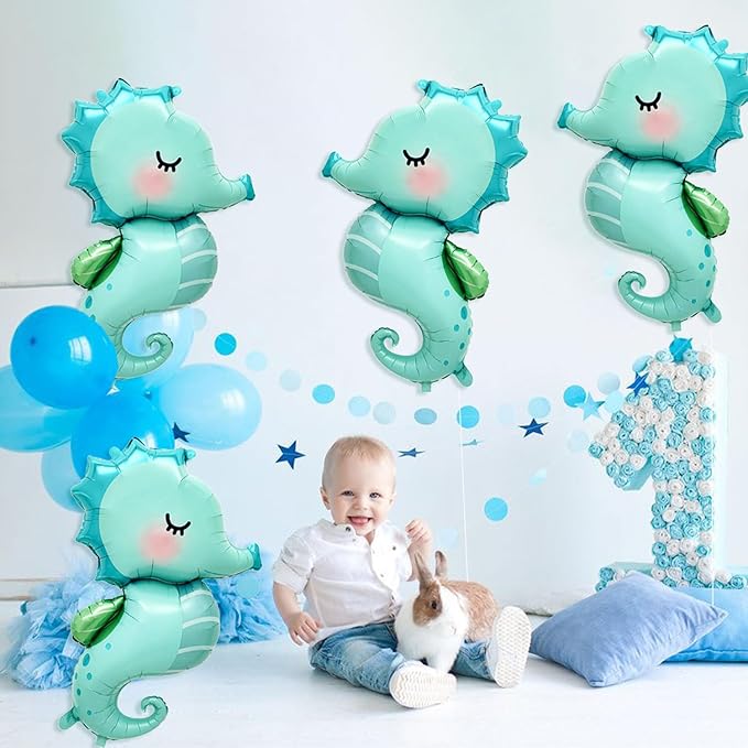 4 PCS Large Seahorse Balloon, Cartoon Under The Sea Animal Balloons Ocean Balloons for Ocean Themed Birthday Party Decorations Sea Horse Decoration