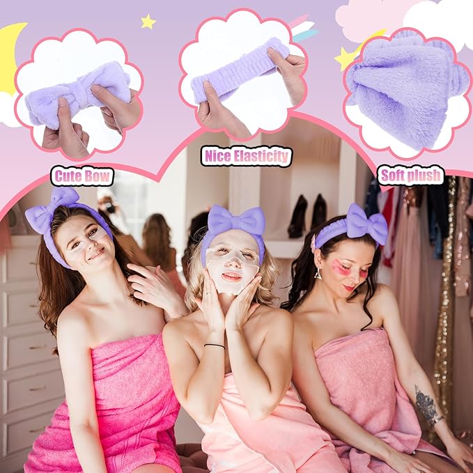 48 Pcs Spa Sleepover Party Supplies 12 Bow Headband 12 Plush Sleep Eye Mask Covers 12 Pair Fuzzy Sock 12 Gift Bags for Sleeping Sleepover Slumber Baby Shower Wedding Party Gift(Purple)