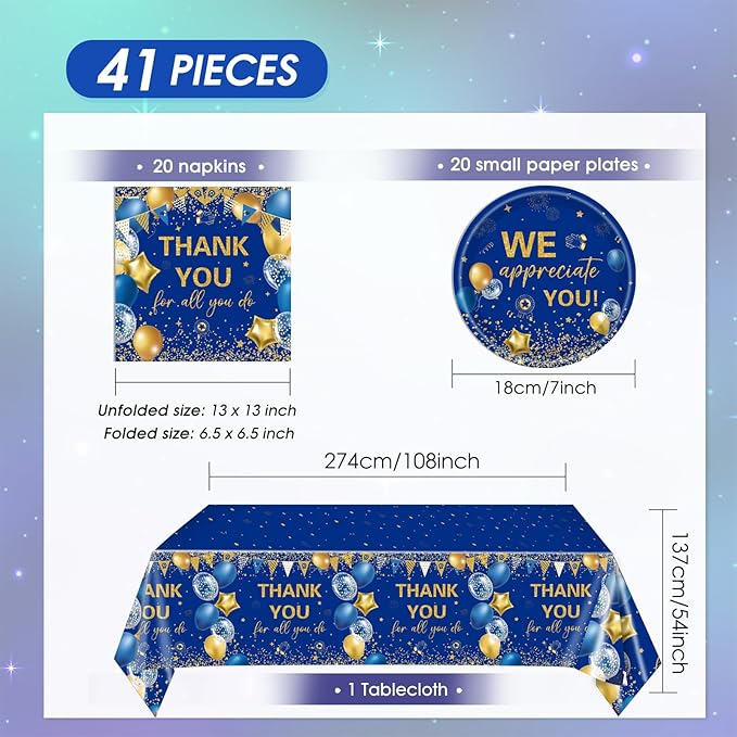 41Pcs Blue Gold Thank You Decorations Thank You for All You Do Tableware Disposable Paper Plates Napkins Tablecloth丨Teacher Employee Staff Doctors Nurse Pastor Appreciation Week Party Decor,Serve 20