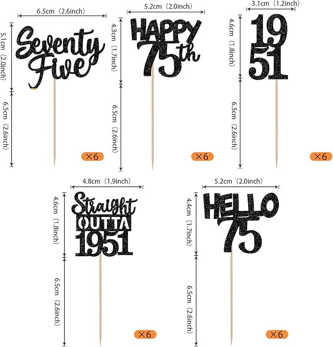 30PCS Black 75th Birthday Cupcake Toppers Glitter Seventy Five Happy 75th Straight Outta 1951 Cupcake Picks for Cheers to 75 Years Birthday Anniversary Party Cake Decorations Supplies