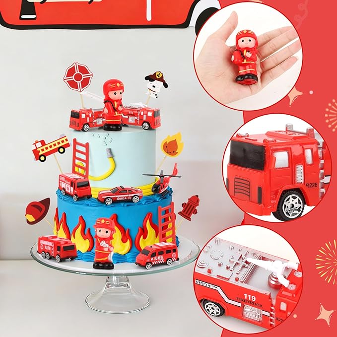 Hooqict 17 Pieces Fire Truck Cake Decorations Set with Mini Firetruck Firefighter Fire Engine Birthday Cake Toppers & Cupcake Toppers for Fireman Fire Truck Birthday Party Decorations Supplies