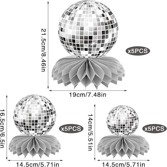 15 PCS Silver Disco Theme Honeycomb Centerpieces Disco Ball Party Decorations 70s Disco Party Table Centerpieces for Back to 70s Party Supplies Favors