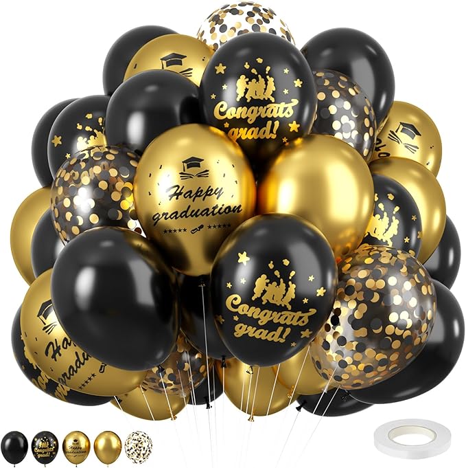 Graduation Balloons, 12 inch Black and Gold Balloons Class of 2025 Black Gold Confetti Latex Balloons with Ribbons for University College High School Grad 2025 Graduation Party Supplies