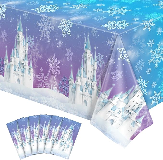 6 Pack Frozen Tablecloth, 54 x 108 Inch Snowflake Plastic Tablecloths Blue and Purple Snowflakes Table Cover, Winter Wonderland Table Cloth for Holiday Frozen Birthday Party Supplies