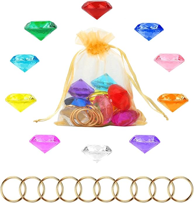 Chaos Emeralds and Rings Set, Include 10pcs Acrylic Crystal Diamond Gems with 10pcs Gold Power Rings Pirate Treasure Hunt Jewels for Kids Birthday Party Favor Supplies Cake Decoration