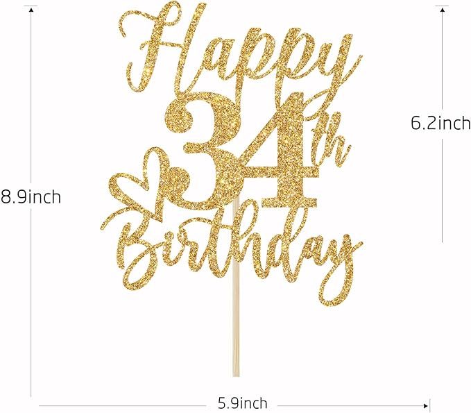 Happy 34th Birthday Cake Topper, 34th Birthday Decorations, Cheers to 34 Years, 34 Happy Birthday Party Supplies Gold Glitter