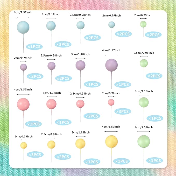 32 PCS Colorful Ball Shaped Cake Topper Pearl Balls Cupcake Cake Insert Topper for Birthday Party Wedding Decoration Supplies (Pink Yellow Blue Purple Green)