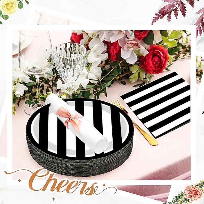 80Pcs Black and White Striped Party Supplies Black and White Party Set 7"Black and White Striped Plates,Black and White Napkins for Black and White Theme Black and White Birthday Decoration |Serves 40
