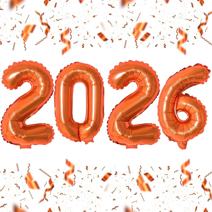 KALOR 16 Inch 2026 Orange Foil Number Balloons, 2026 New Years Decorations for 2026 Happy New Year Eve and Graduations Party Supplies