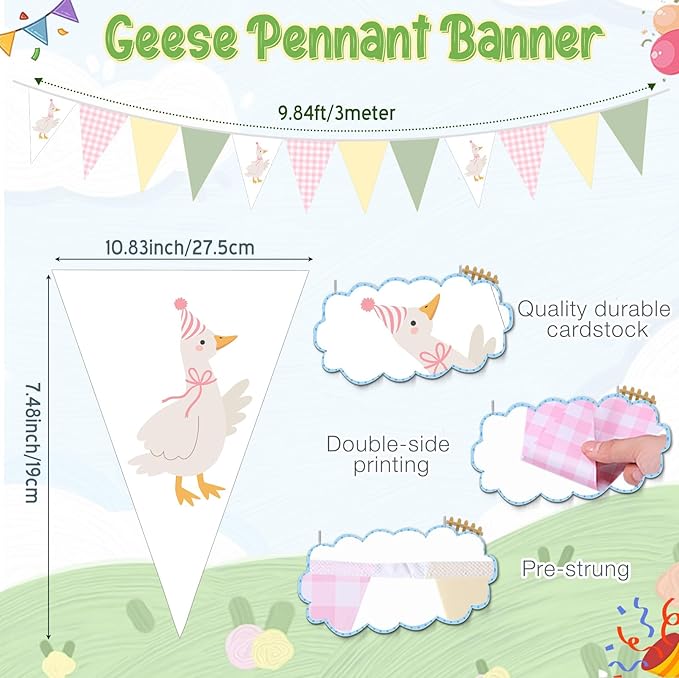 Pasimy 5 Pcs Silly Goose Birthday Party Decorations Pink Green Yellow Gingham Print Pennant Banners Funny Geese Triangle Bunting Banners for Farm Animal Baby Shower First Birthday Party Decoration