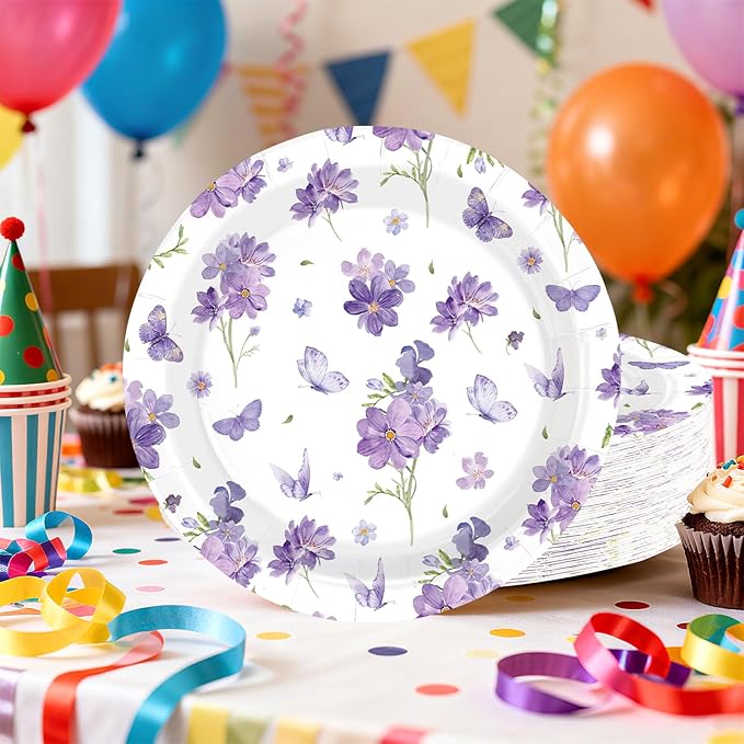 50Pcs Purple Floral Party Decorations 9" Purple Wildflowers Paper Plates Disposable Butterfly Themed Platter for Spring Flower Weddings Birthdays Baby Shower Party Supplies