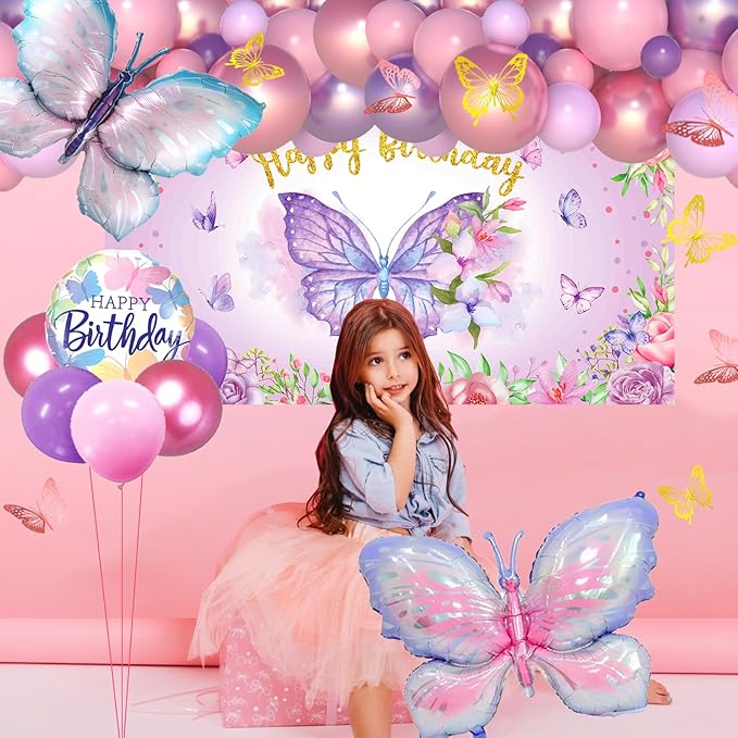 138PCS Butterfly Birthday Decorations for Girls, Butterfly Party Supplies Include Balloon Arch Butterfly Backdrop Foil Balloon 3D Butterfly Wall Decors Tablecloth Cake Topper Tassle