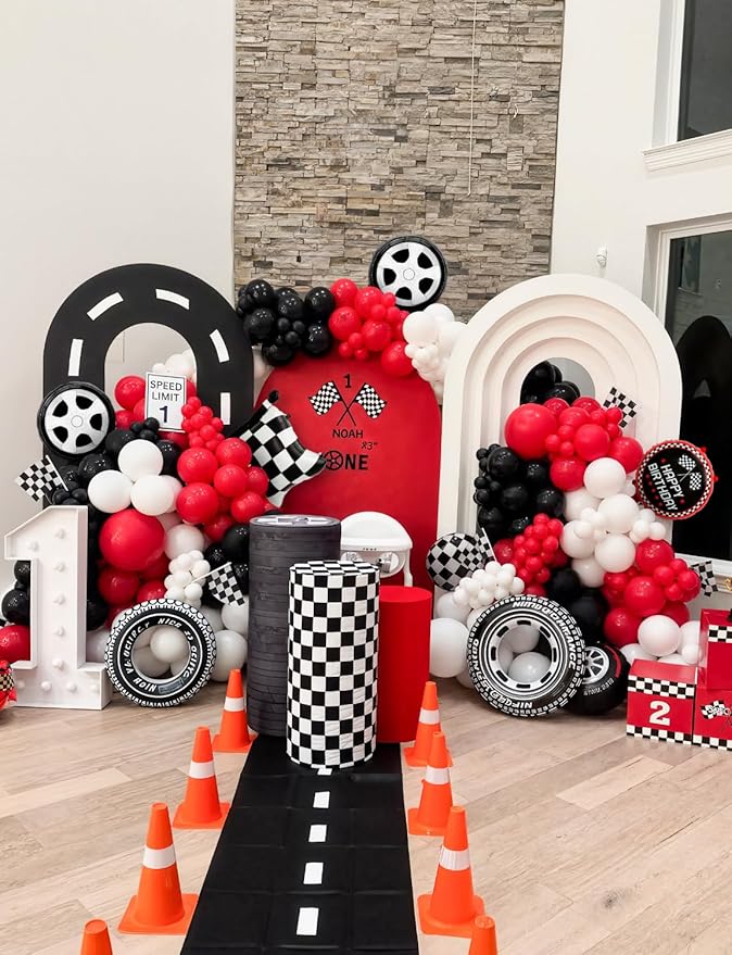 Race Car Balloon Arch Garland Kit, 103 Pcs Red Black Silver Balloons with Foil Checkered Flags and Wheels Balloons, for Racing Themed Birthday Party Supplies for Boys