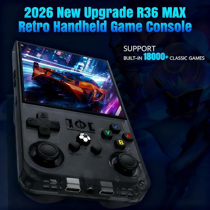 R36MAX 2025 Retro Handheld Game Console, 4.0" 4K HD IPS Screen, Open Source Linux System, 18000+ Preloaded Games, 64GB Memory, 4000mAh Battery – Portable Gaming Console for Adults (Black 64Gb)