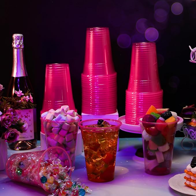 LemonRoad 50 Pack Blacklight Party Glow Cups 16 oz Plastic Neon Cups Disposable Glow in the Dark for Parties Birthdays 80s Themed Events(Pink)