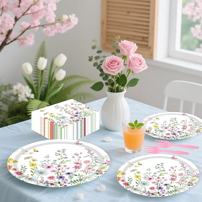96 Pcs Wildflower Paper Plates and Napkins Party Supplies, Floral Party Plates Napkins Forks Disposable Tableware Set for Picnic Wedding Birthday Baby Shower Tea Party Decorations Serves 24