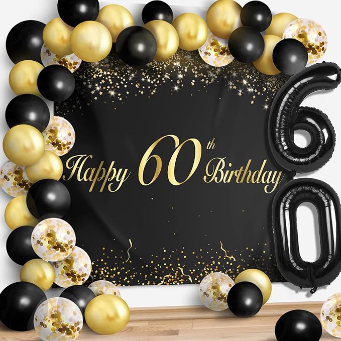 Happy 60th Birthday Balloons Black Set Decor - Cheers to 60 Years Old Party Theme Garland Banner Backdrop Decorations For Women and Men Supplies