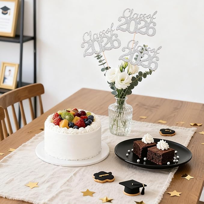 Silver Class of 2026 Double-sided Graduation Table Centerpieces, 12 Pcs Grad Party Decorations with Sticks, Graduation 2026 Party Supplies for Table Decor