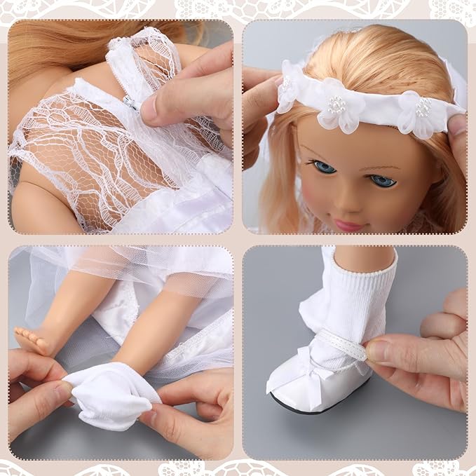 7 Pcs 18 Inches American Doll Clothes Outfit First Communion Dress with Matching Headband Veil Bracelet Shoes Socks Necklaces Fit 18 Inches Dolls, Doll Not Included (Veil)