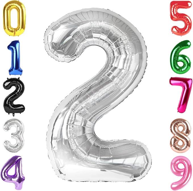 40 Inch Silver Number 2 Balloon, Giant 2 Number Balloons for 2nd Birthday Decorations, Party Supplies for Baby Boy Girl, Silver Party Decor