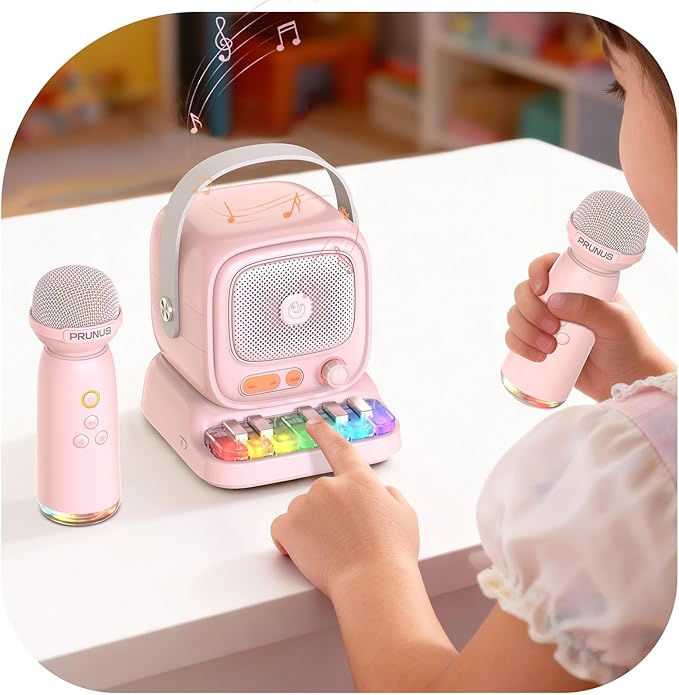 Mini Karaoke Machine with Colorful 7 Piano Keys,Top Christmas Birthday Gifts for 3 4 5 6 7 8 9 10 11 12+ Years Old, Portable Bluetooth Speaker with Wireless Microphone,Boys and Girls Gift-Pink