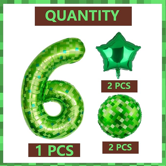 40 Inch Green Pixel Miner Number 6 Foil Balloon Set 5Pcs Large Mylar Mining Theme 6th Number Balloons Pixel Cubes Video Game Birthday Party Decorations