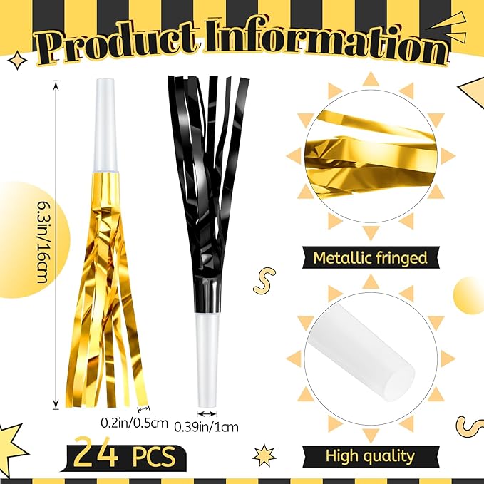 Sumind 24 Pcs Black and Gold Noise Makers Glitter Noise Makers Metallic Fringed Party Blowers for Adults Birthday Graduation Sporting Events 2026 New Years Party Favor Supplies