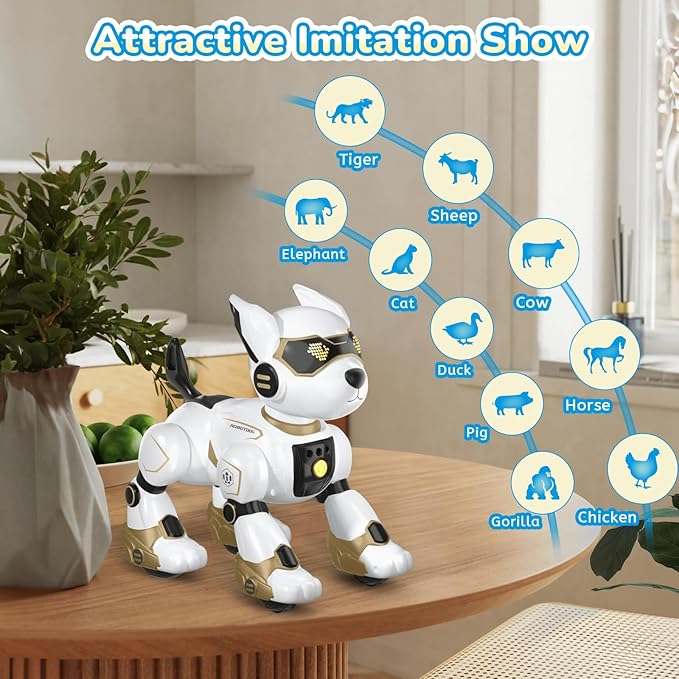 PeachLeaf Robot Dog Toy for Kids, Programmable Interactive RC Pet with Voice Control & Touch Sensor, Imitates Animal Sounds, Plays Music, Dance Modes, Robotic Puppy Toy for Kids Boys & Girls (Gold)