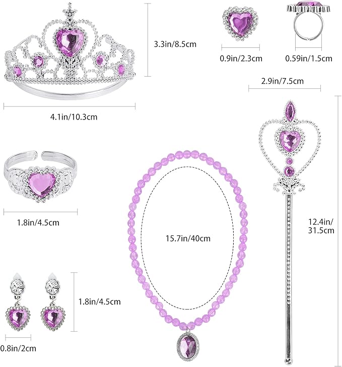 Princess Dress Up Party Accessories for Princess Costume Gloves Tiara Wand Necklace Earrings Bracelet and Ring Gift Set 9pcs (Purple, Set of 7, 9pcs)