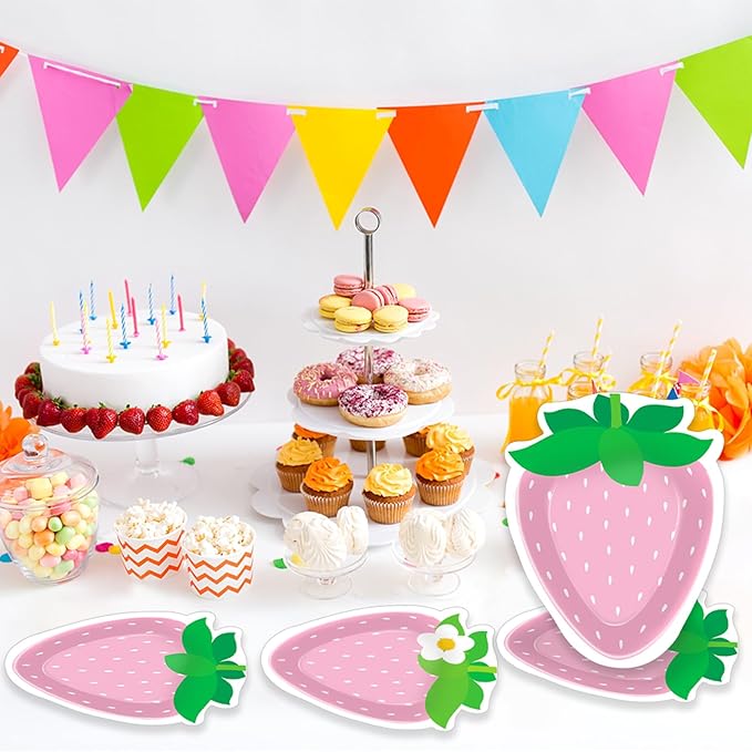 50 Count Strawberry Party Paper Plates Pink Strawberry Theme Shortcake Dessert Cake Disposable Plates for Party Birthday Parties Weddings Baby Showers Decorations Supplies