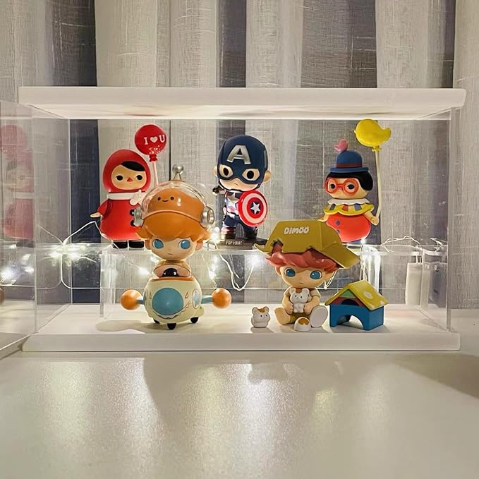 2 Tier Clear Acrylic Display Case Stand for Funko pop, 2 Layer Storage Cabinet Shelf Showcase Dustproof for Mini Toys Figures Stone Collectibles Assemble Organizer, White 9.8x4.5x5.9inch