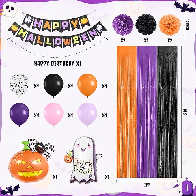 Purple Black Orange Party Decorations Set,Halloween Decorations Kit Including HAPPY HALLOWEEN Banner,Foil Balloons,3D Bat Stickers,Fringe Curtain,Paper Pompoms,Indoor Outdoor Halloween Supplies