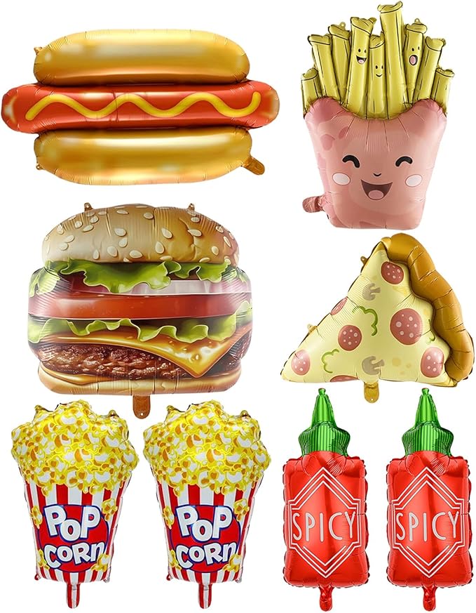 8 Pcs Food Themed Balloons Hot Dog Hamburger French Fries Popcorn Picnic Foil Balloons for BBQ Party Decorations Picnic Cookout Snacks Birthday Party Decorations Supplies