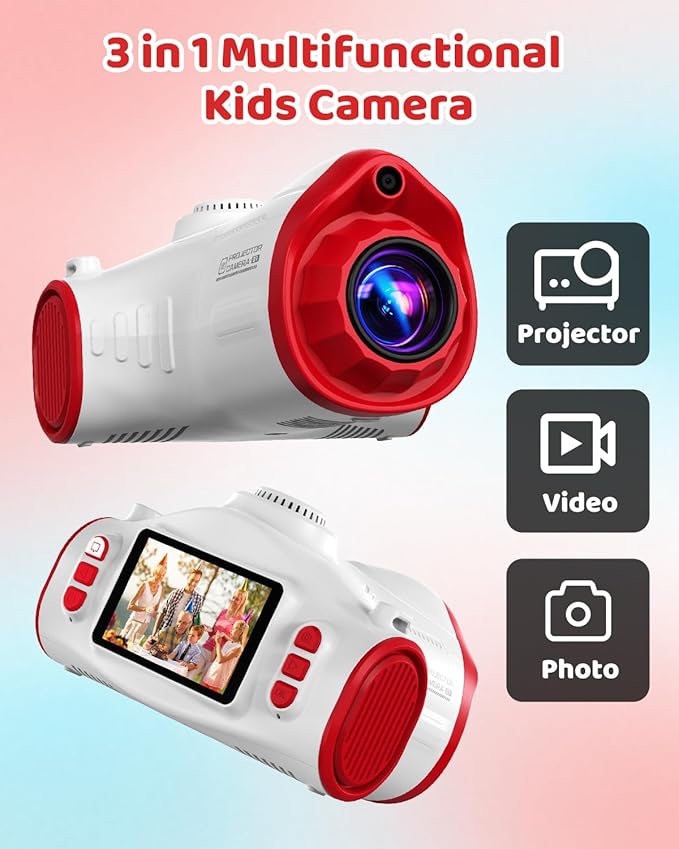 3 in 1 Kids Camera with Projector, 1080P Digital Video Camcorder, 48MP Photo Camera, Portable Toddler Camera Christmas Birthday Travel Gift Toy for Boys Girls Age 3 4 5 6 7 8 9 10 11 12, White