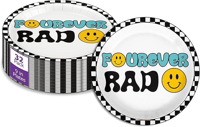 Fourever Rad Smiley Face Fourth Birthday - 32 Piece Disposable Party Supplies - Decorations for Boy's 4th Birthday Round Party Plates - Large 9" Paper Plates In Bulk
