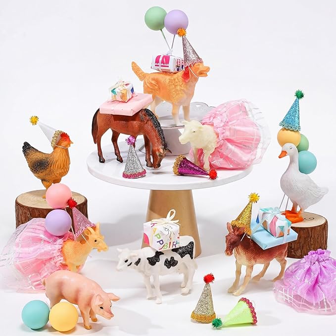 Weysat 41 Pcs Farm Animal Cake Topper Figures Birthday Party Decorations with Mini Hat and Skirt, Colorful Balls, Jungle Toppers Decoration with Gift Boxes for Themed Party Supplies(Farm)