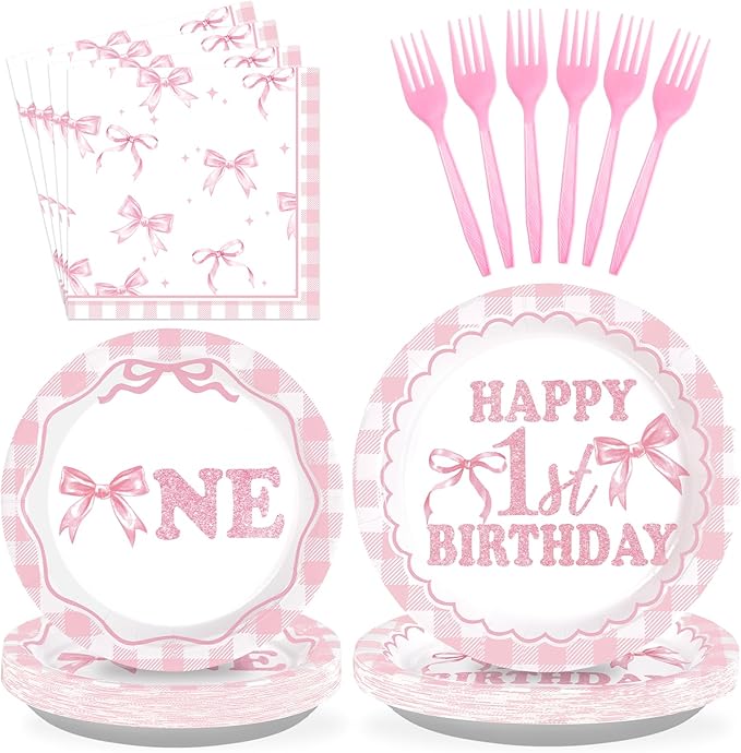 96Pcs Pink Bow 1st Birthday Party Decorations Cute Coquette Birthday Plates and Napkins Pink and White Gingham Plaid Tableware Sets for Girls Baby Shower Picnic BBQ 1st Birthday Party Supplies Serve24