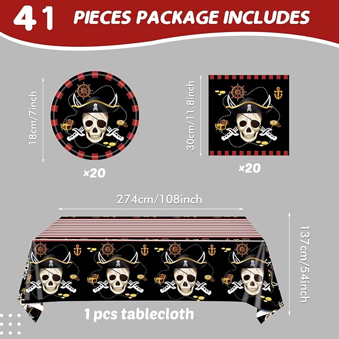 41pcs Pirate Tableware Set Includes 20 Plates, 20 Npkins and 1 Tablecloth, Pirate Ship Theme Party Supplies Decorations Pirate Dinnerware for Adult Teens Kids Table Decor, 20 Guests