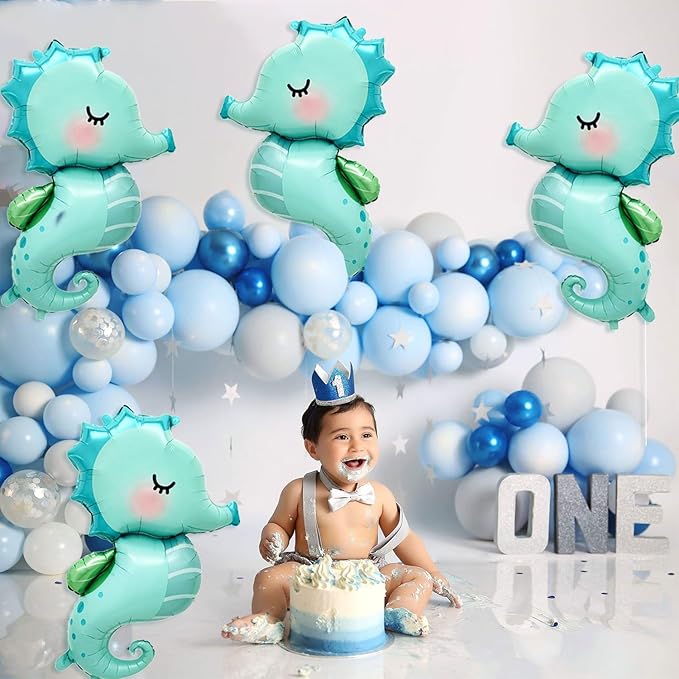 4 PCS Large Seahorse Balloon, Cartoon Under The Sea Animal Balloons Ocean Balloons for Ocean Themed Birthday Party Decorations Sea Horse Decoration