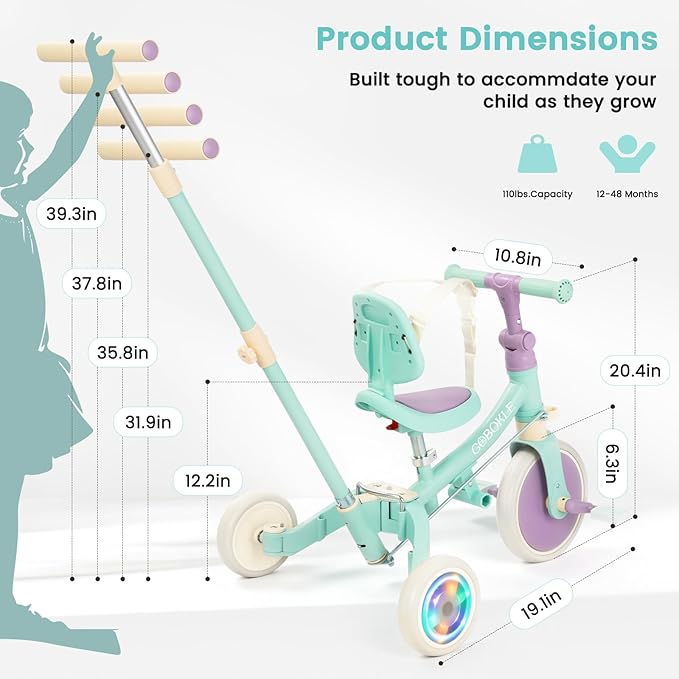 5-in-1 Tricycle for Toddlers 1-3, Convertible Toddler Bike with Push Handle & Removable Pedals, Balance Bike with Colorful Lighting Wheels, Adjustable Seat Height with Backrest(Green-Purple)