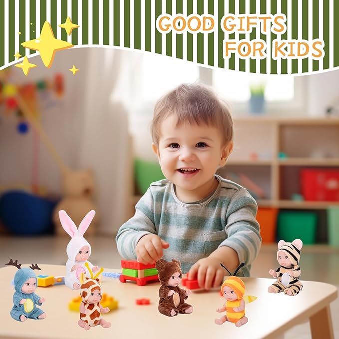 6PCS 4inch Mini Dolls Set - Baby Doll with 6 Animal Outfits & Accessories, Reborn Baby Dolls for Kids Role Play, Perfect Birthday for Children Ages 3+